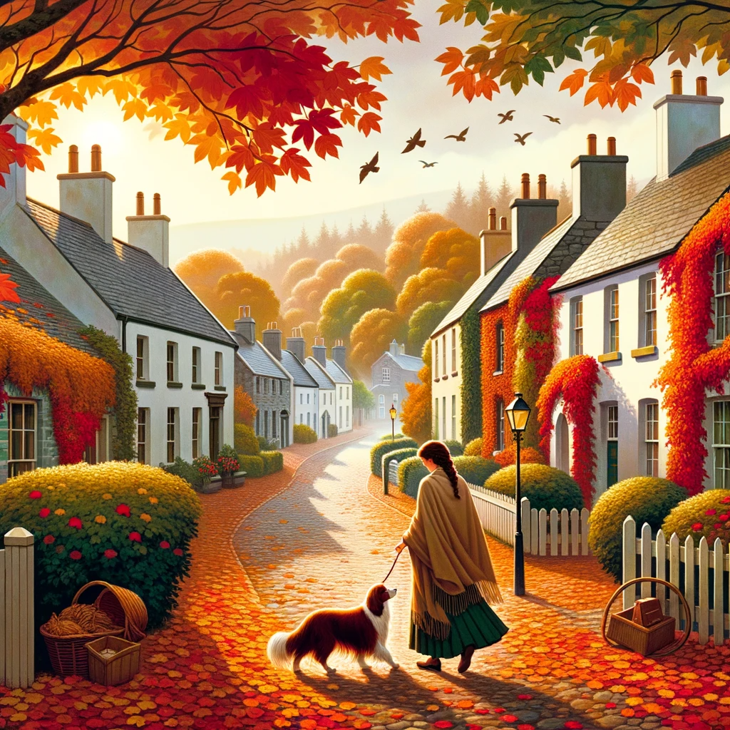 DALL·E 2023-10-05 11.16.36 - Illustration of a picturesque country village in Ireland, bathed in the gentle light of dawn. Autumn leaves in shades of orange, red, and yellow carpe.png