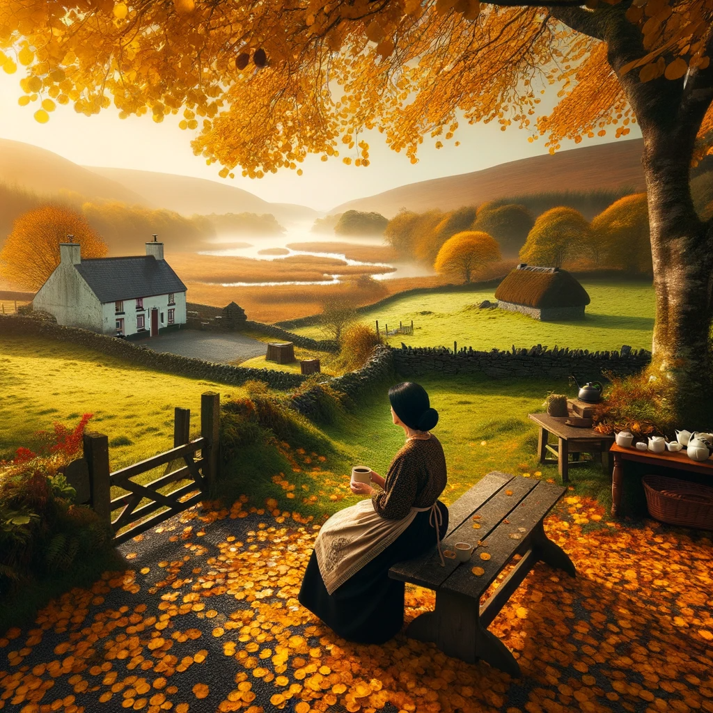 DALL·E 2023-10-05 11.16.41 - Photo of a tranquil Irish hamlet during an Autumn morning. The golden hues of falling leaves contrast with the green fields in the distance. An adult .png
