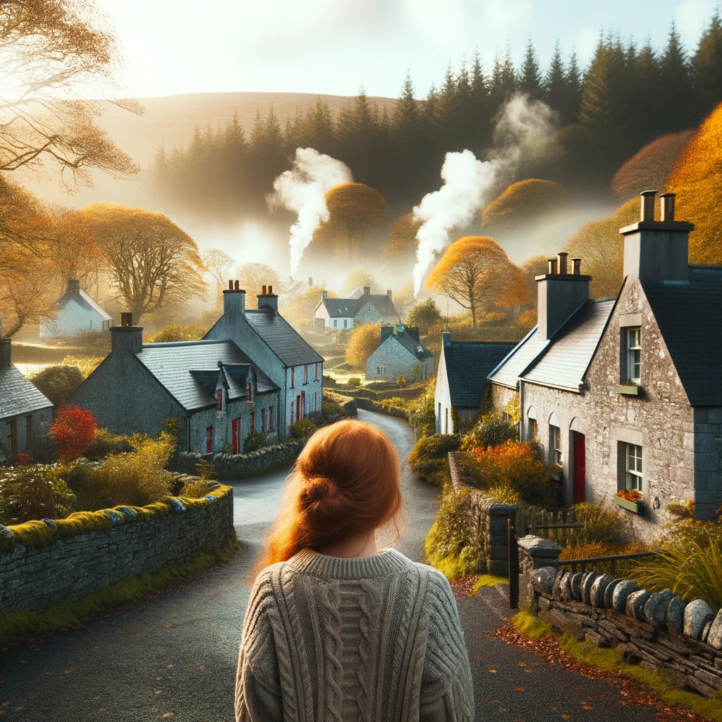 DALL·E 2023-10-05 11.16.19 - Photo of a serene Irish village during early morning in Autumn. The village, surrounded by trees with golden leaves, has charming stone houses with sm.png
